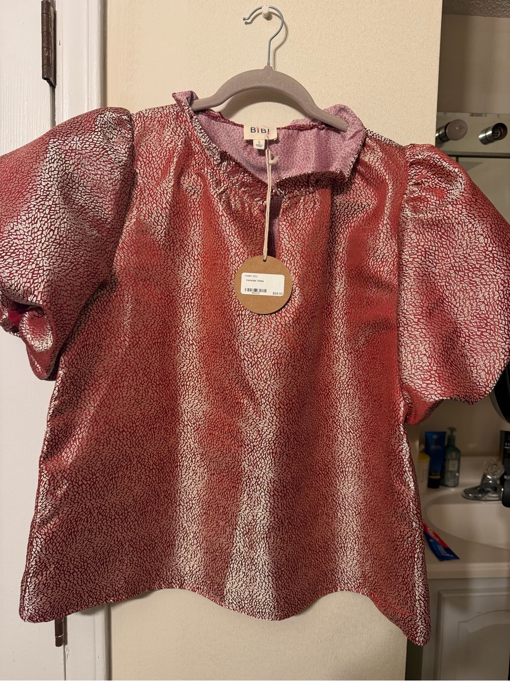 BiBi Metallic Pink Puff-Sleeve Top with Ruffled Collar